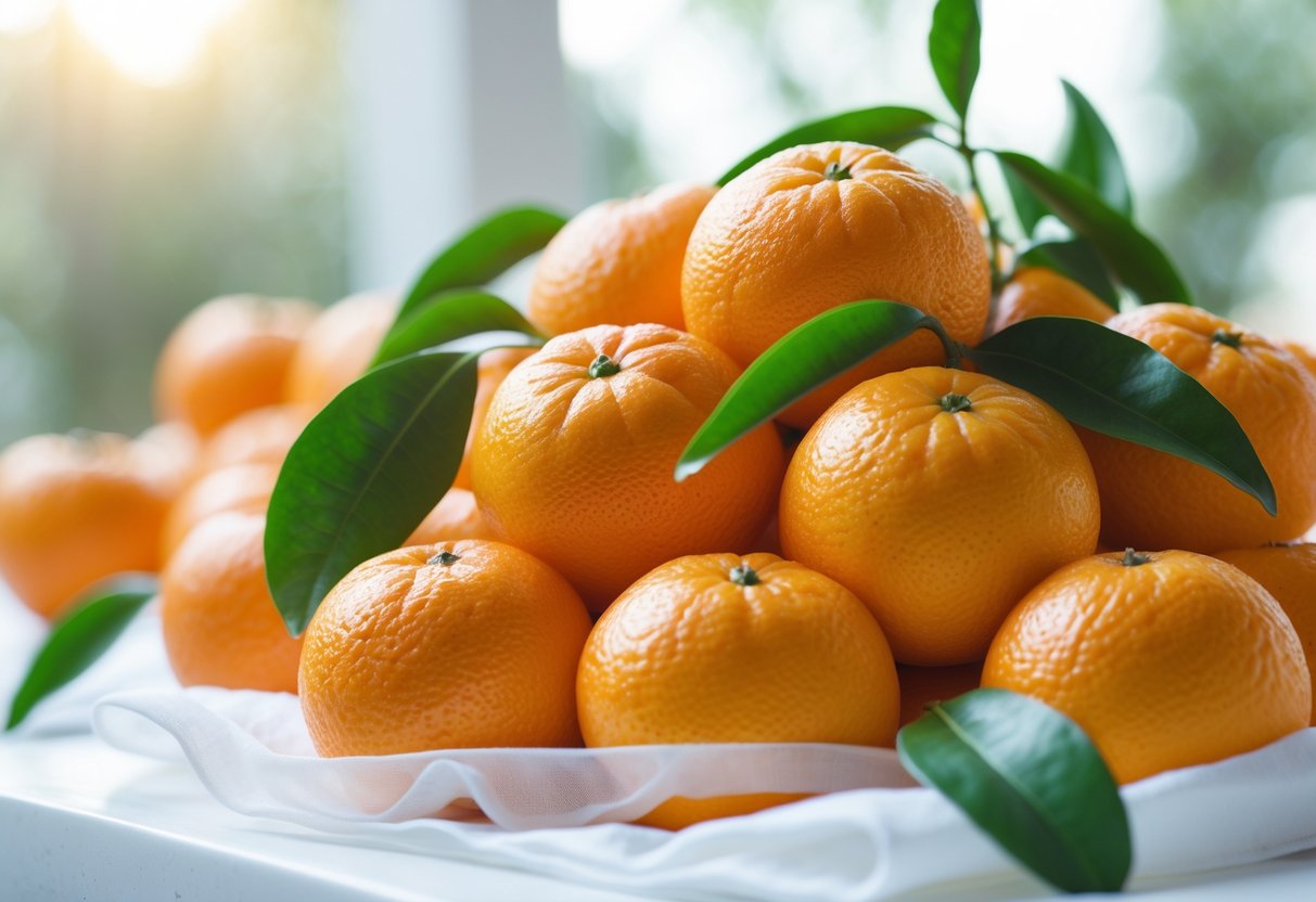 Close-up of fresh mandarin oranges with green leaves on a white surface.