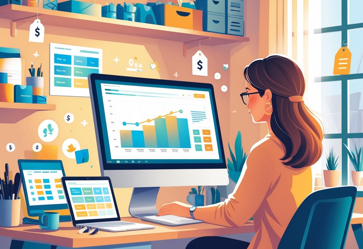 A mom working at a desk with a laptop, surrounded by icons of digital downloads and price tags in a cozy home office.