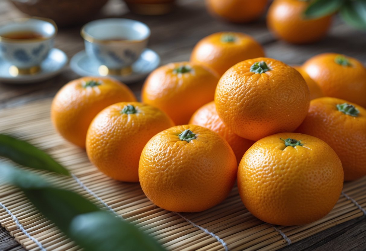 Close-up of fresh mandarin oranges on a wooden table with Chinese tea cups and a bamboo mat nearby.