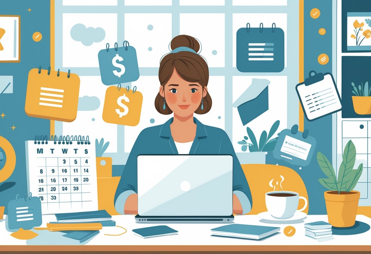 A mom working on a laptop at a home office desk with digital product icons and price tags floating around her, while a child plays in the background.