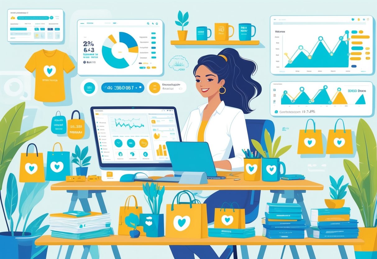 A mom entrepreneur working on a laptop in a bright home office surrounded by custom print-on-demand products like t-shirts and mugs, with digital charts and an organized workspace.