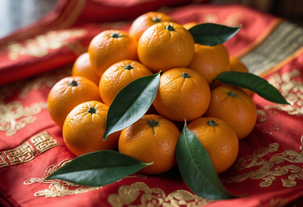 A close-up of fresh mandarin oranges on red silk fabric with gold embroidery.
