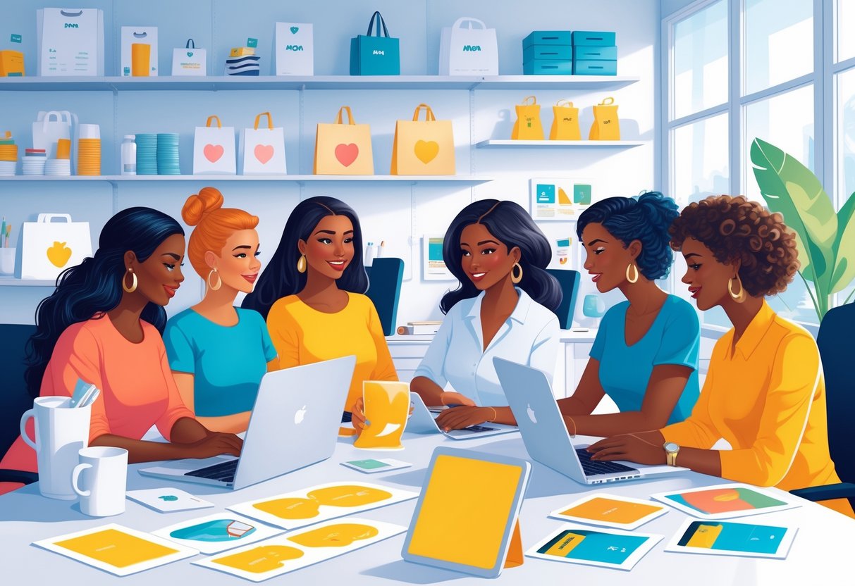 A group of diverse women working together around a table with laptops and printed product samples in a bright office.