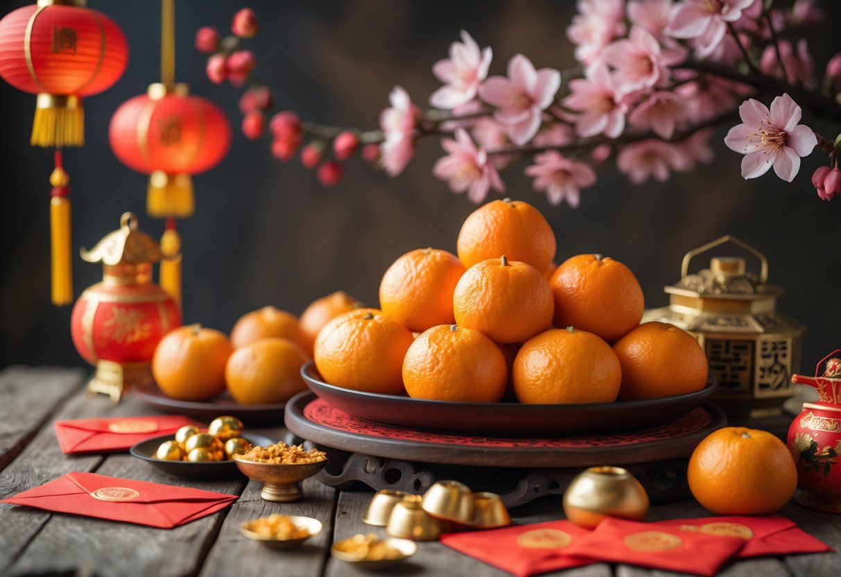 A table with fresh mandarin oranges, red envelopes, gold ingots, paper lanterns, and blossoming plum flowers representing Chinese New Year traditions.