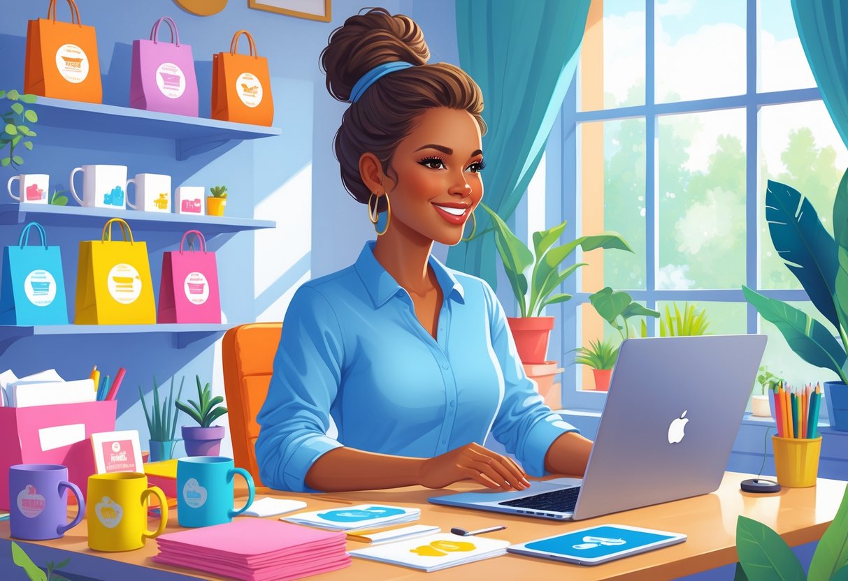 A mom entrepreneur working in a home office surrounded by custom-designed products like mugs and t-shirts, using a laptop and smartphone to manage her print on demand business.