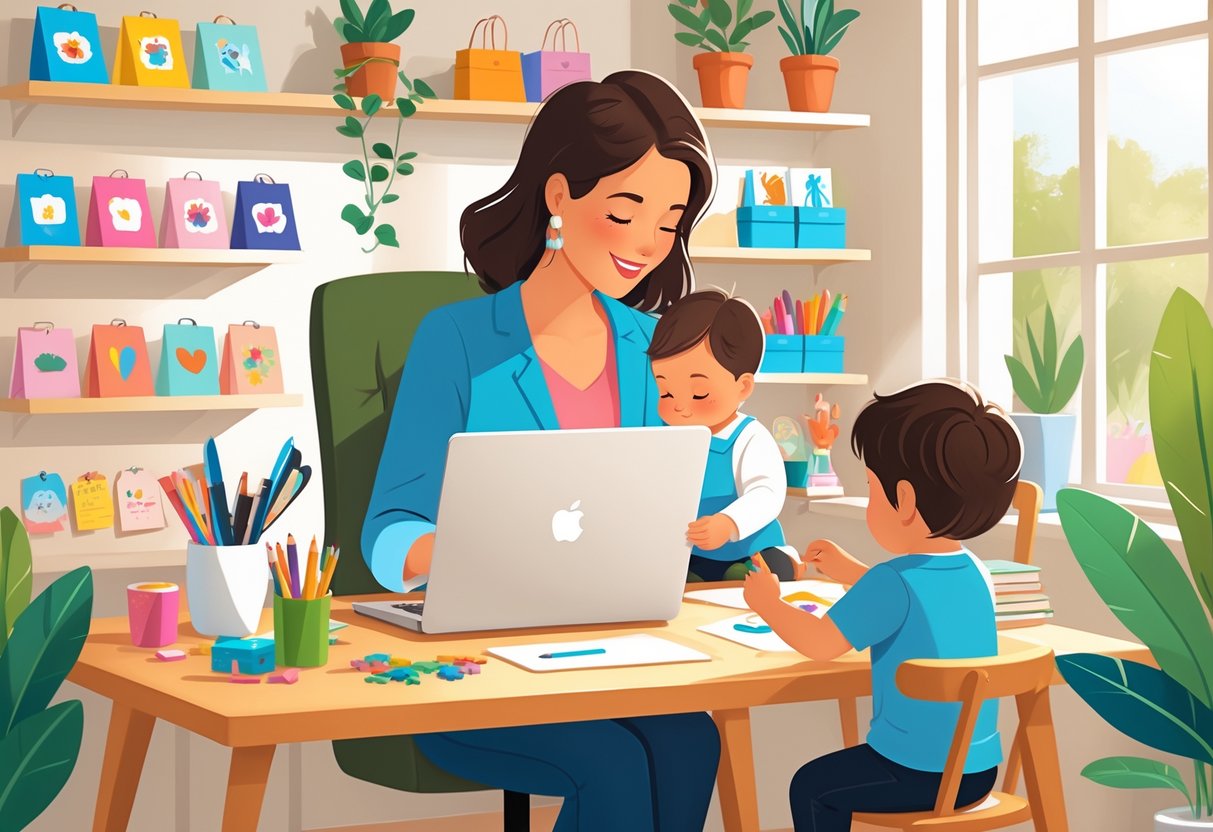 A mom working on a laptop at a desk with a toddler playing nearby in a cozy home office filled with craft supplies and handmade products.