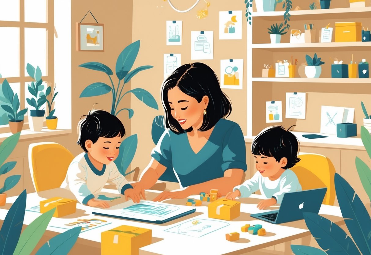 A mom interacting with her two toddlers in a cozy home, with a laptop and craft supplies nearby.