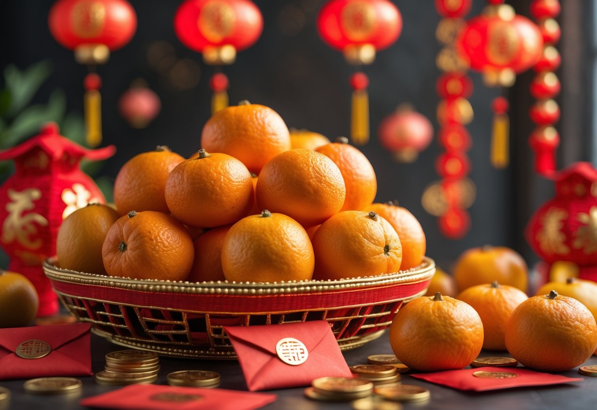 A basket of bright mandarins surrounded by red envelopes, gold coins, and red lanterns celebrating Chinese New Year.
