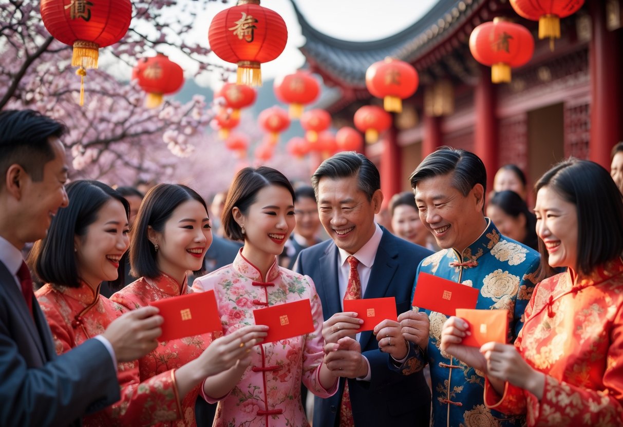 A group of people in traditional Chinese clothing exchanging red envelopes outdoors with red lanterns and festive decorations around.