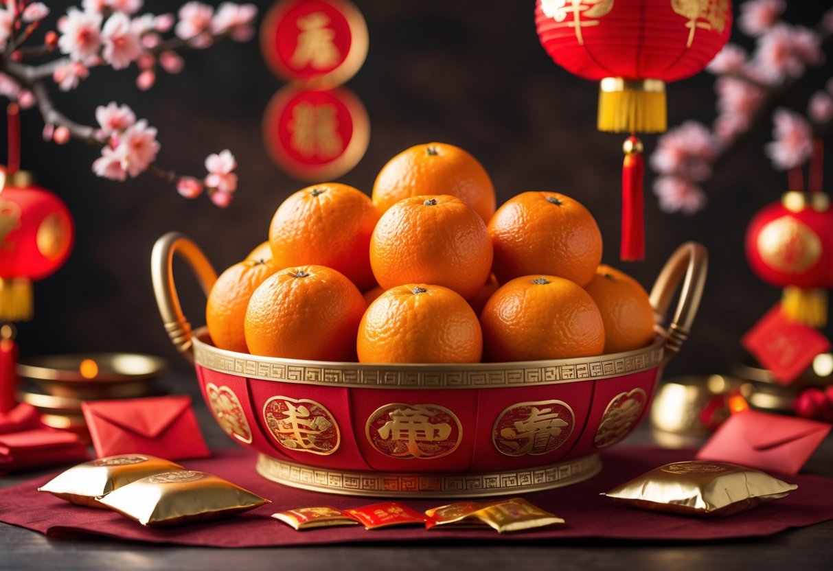 A basket of fresh Chinese New Year oranges surrounded by festive decorations like red lanterns and gold ingots.