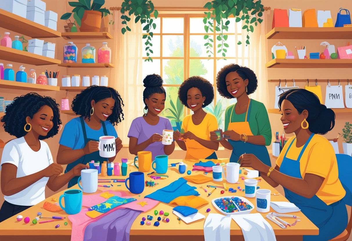 A group of moms crafting personalized products together in a bright, cozy home studio filled with craft supplies.