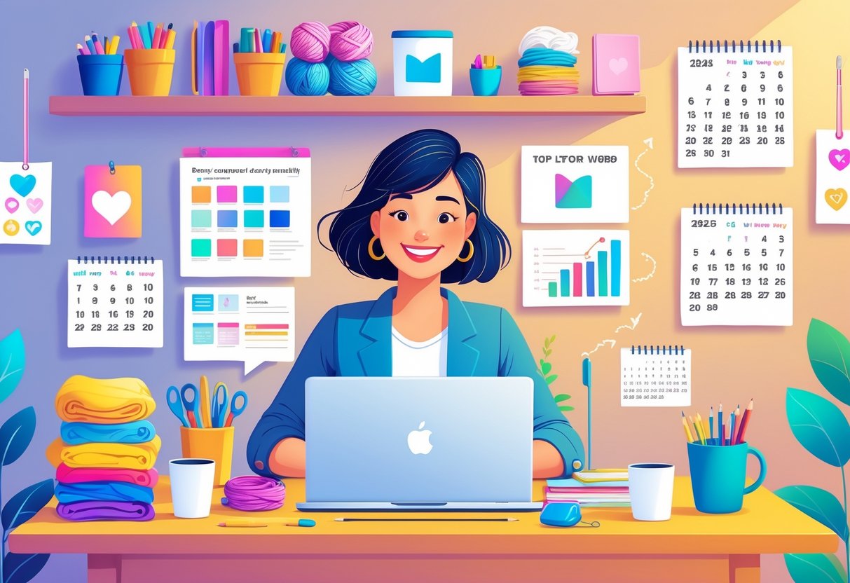 A busy mom working on her laptop in a cozy home office surrounded by crafting materials and digital product designs.