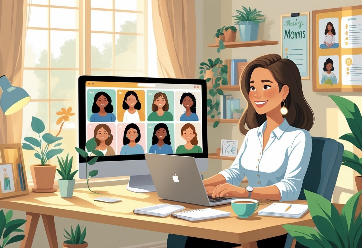 A female life coach talking on a video call with several mothers in their homes, in a warm and welcoming office setting.