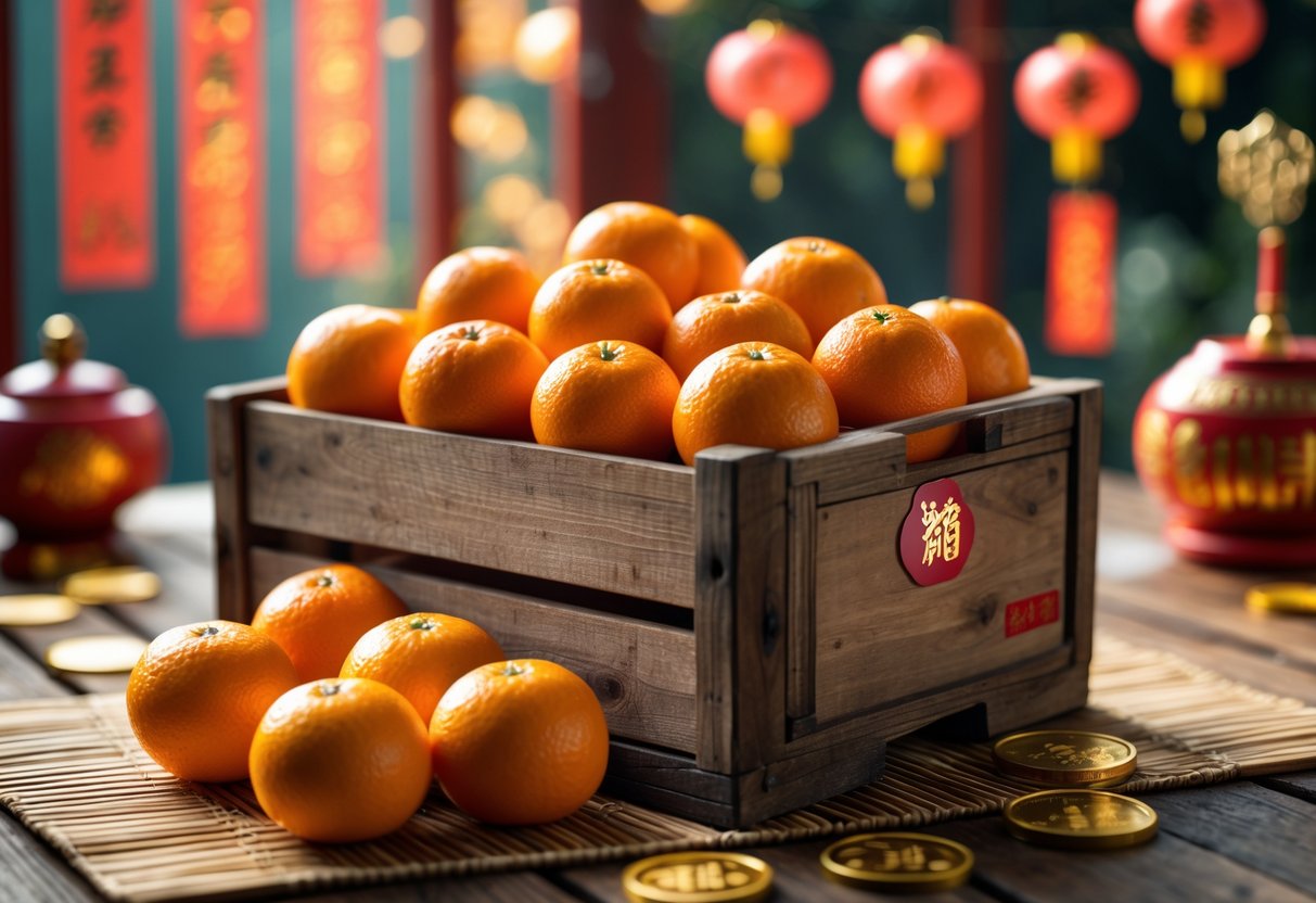 A wooden crate filled with fresh Chinese New Year oranges on a woven mat with festive decorations in the background.