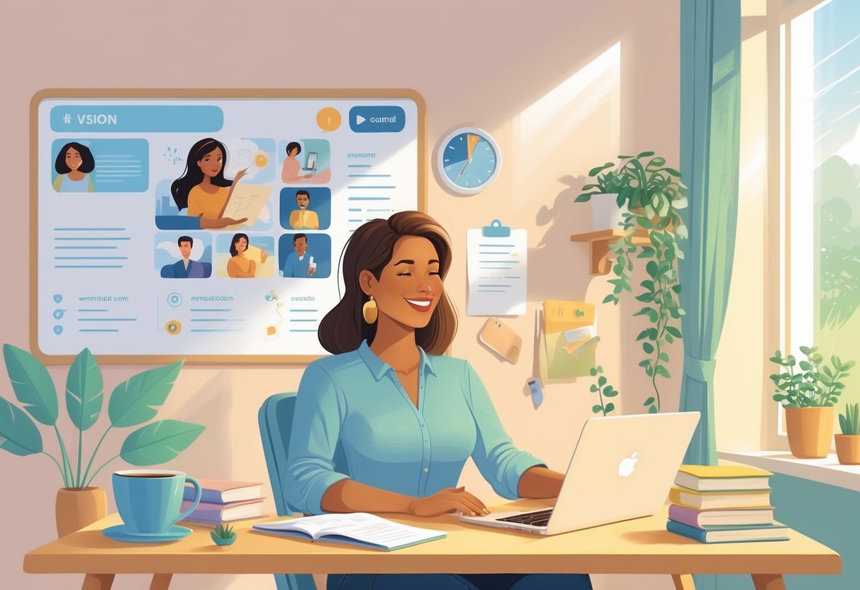 A mom working at a desk in a bright home office, smiling during a video call on her laptop with plants and books nearby.