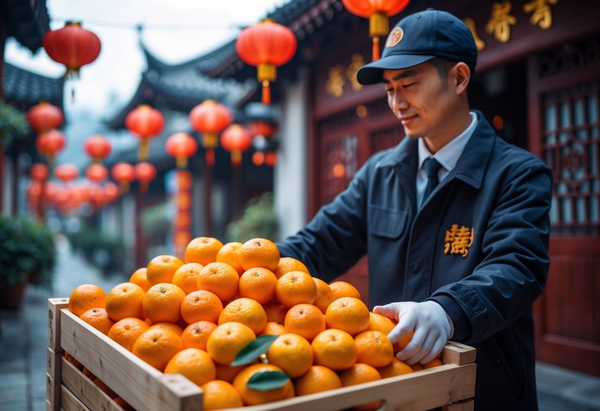 A delivery person holding a wooden crate filled with fresh mandarin oranges in a festive Chinese neighborhood decorated with red lanterns.