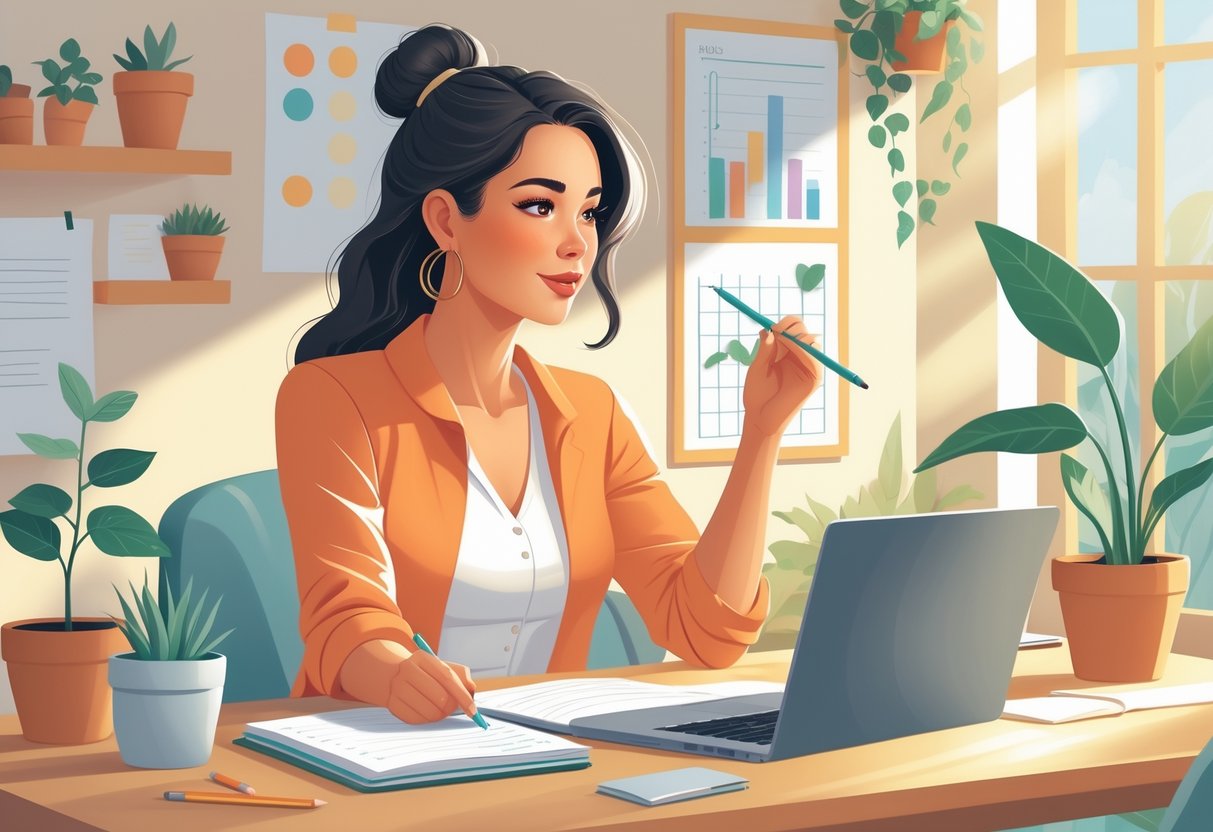 A woman sitting at a desk surrounded by plants, a notebook, and a laptop, thoughtfully reflecting in a warm, inviting workspace.