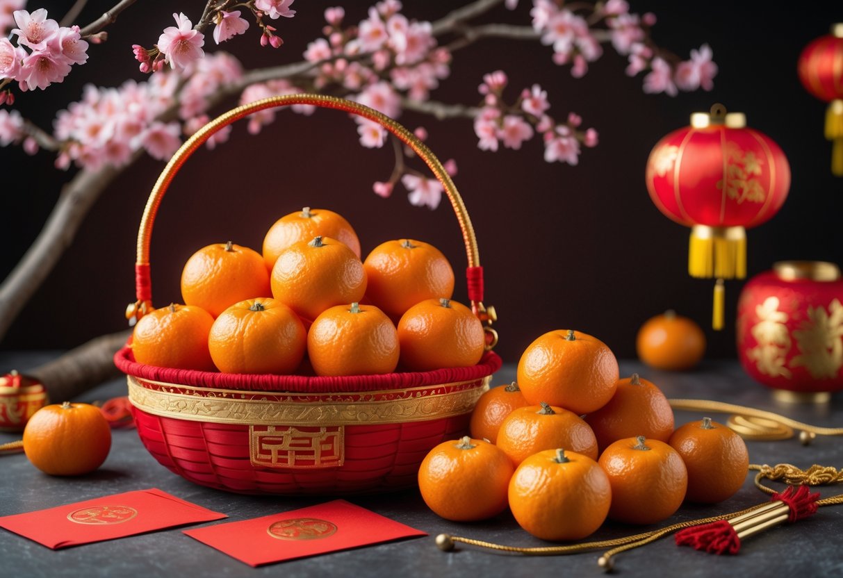 A basket of bright mandarins surrounded by red envelopes and Chinese New Year decorations with cherry blossoms and lanterns in the background.