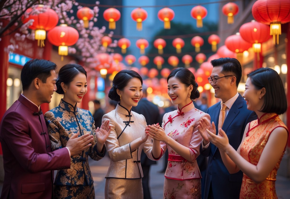 A group of people in traditional Chinese clothing exchanging greetings during Chinese New Year celebrations with red lanterns and festive decorations in the background.