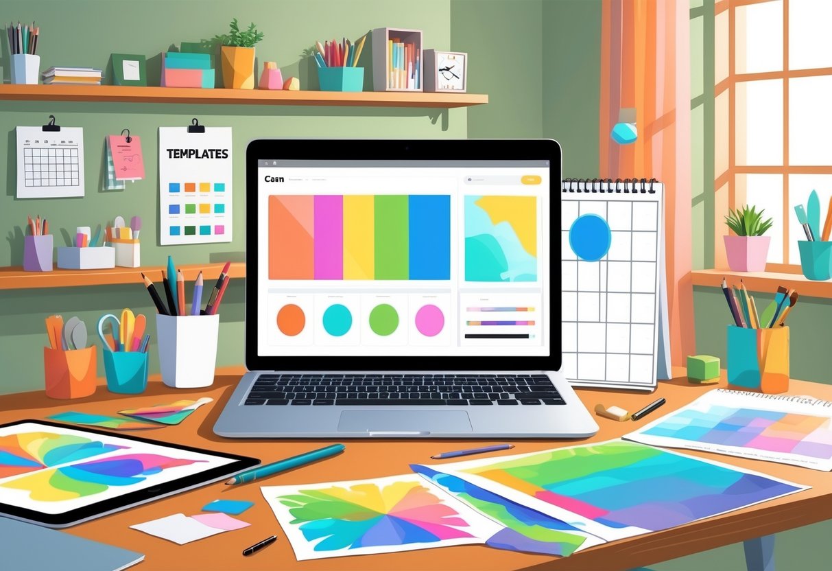 A person working at a desk on a laptop creating graphic designs, surrounded by design tools and a cozy room with shelves and craft supplies.