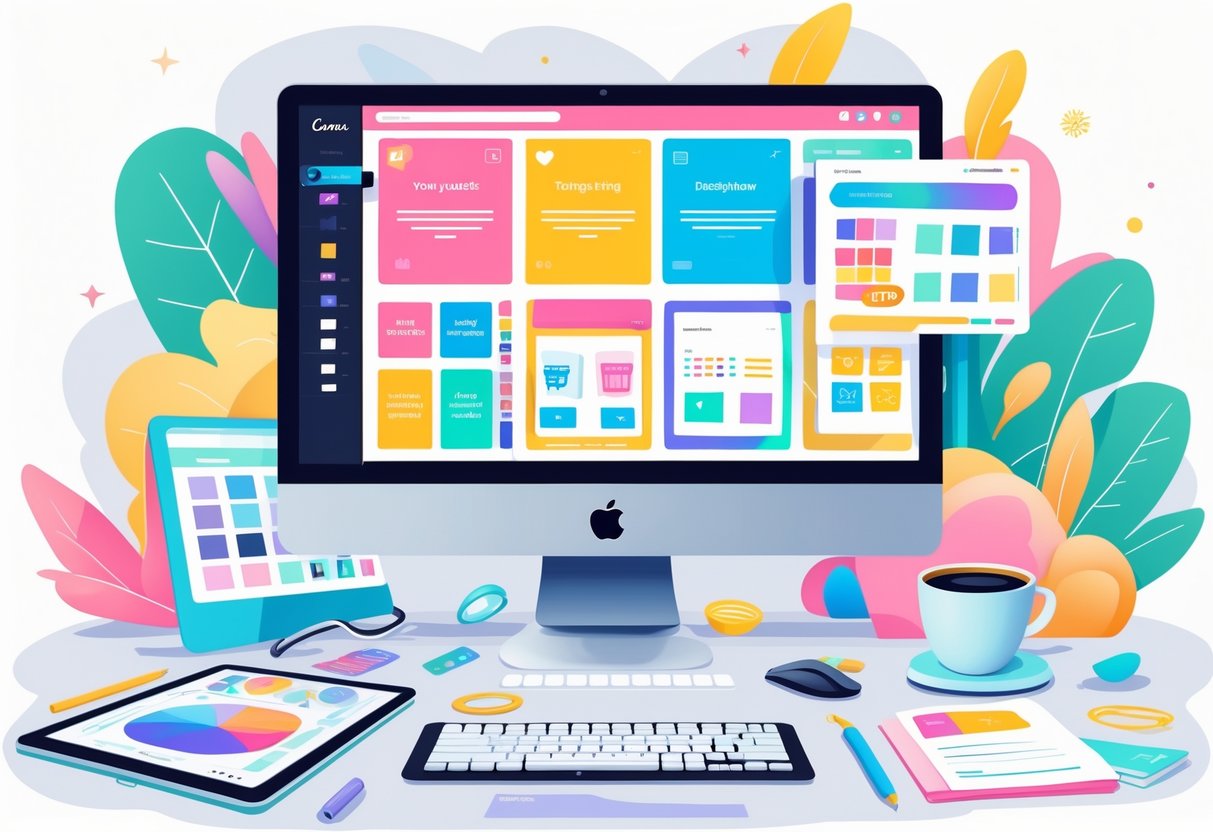 A workspace with a computer showing colorful digital templates, design tools, and symbols representing online selling.