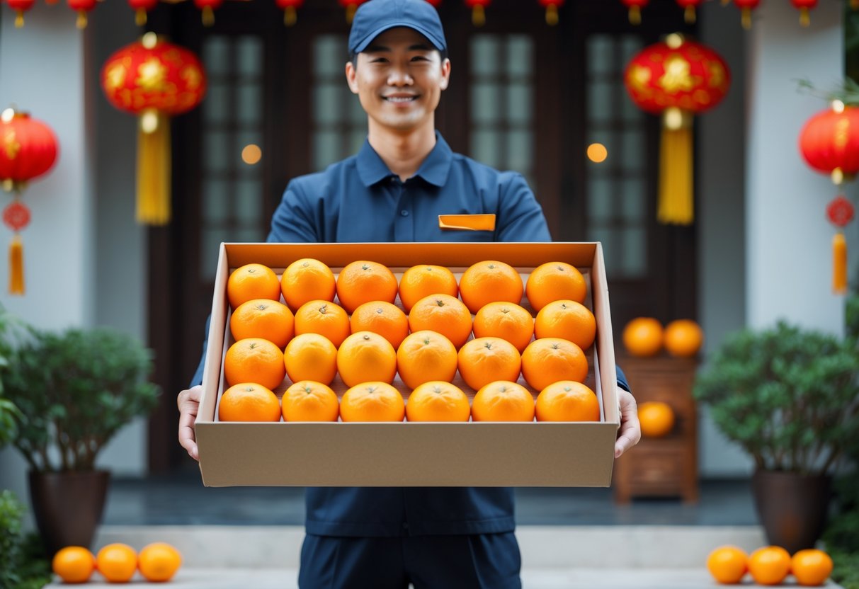 A delivery person handing a box of fresh Mandarin oranges at a home entrance decorated for Chinese New Year.