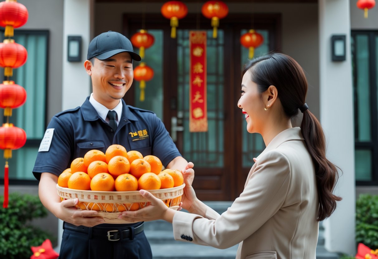 A delivery person handing a basket of mandarin oranges to a smiling person at a home decorated for Chinese New Year.