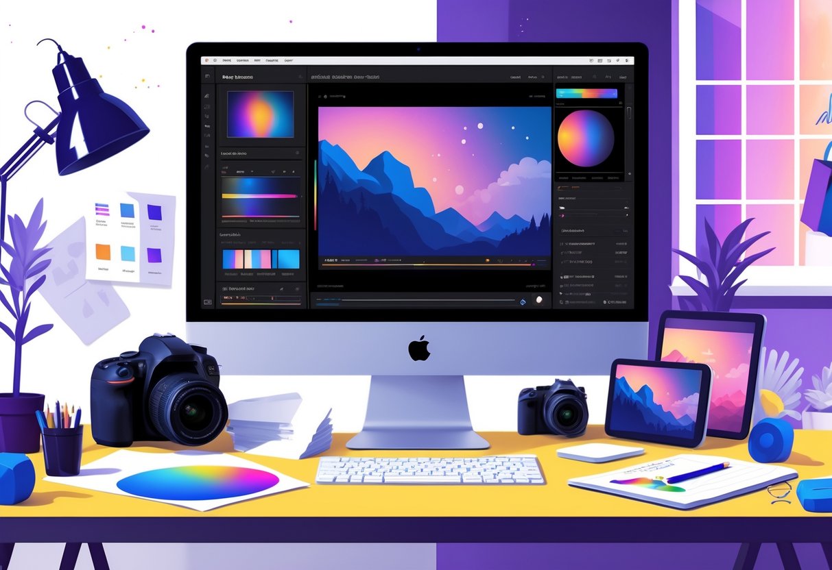 A creative workspace with a computer showing photo editing software, a camera, color palette, sample photos, and a notebook, representing the creation and selling of Lightroom presets online.