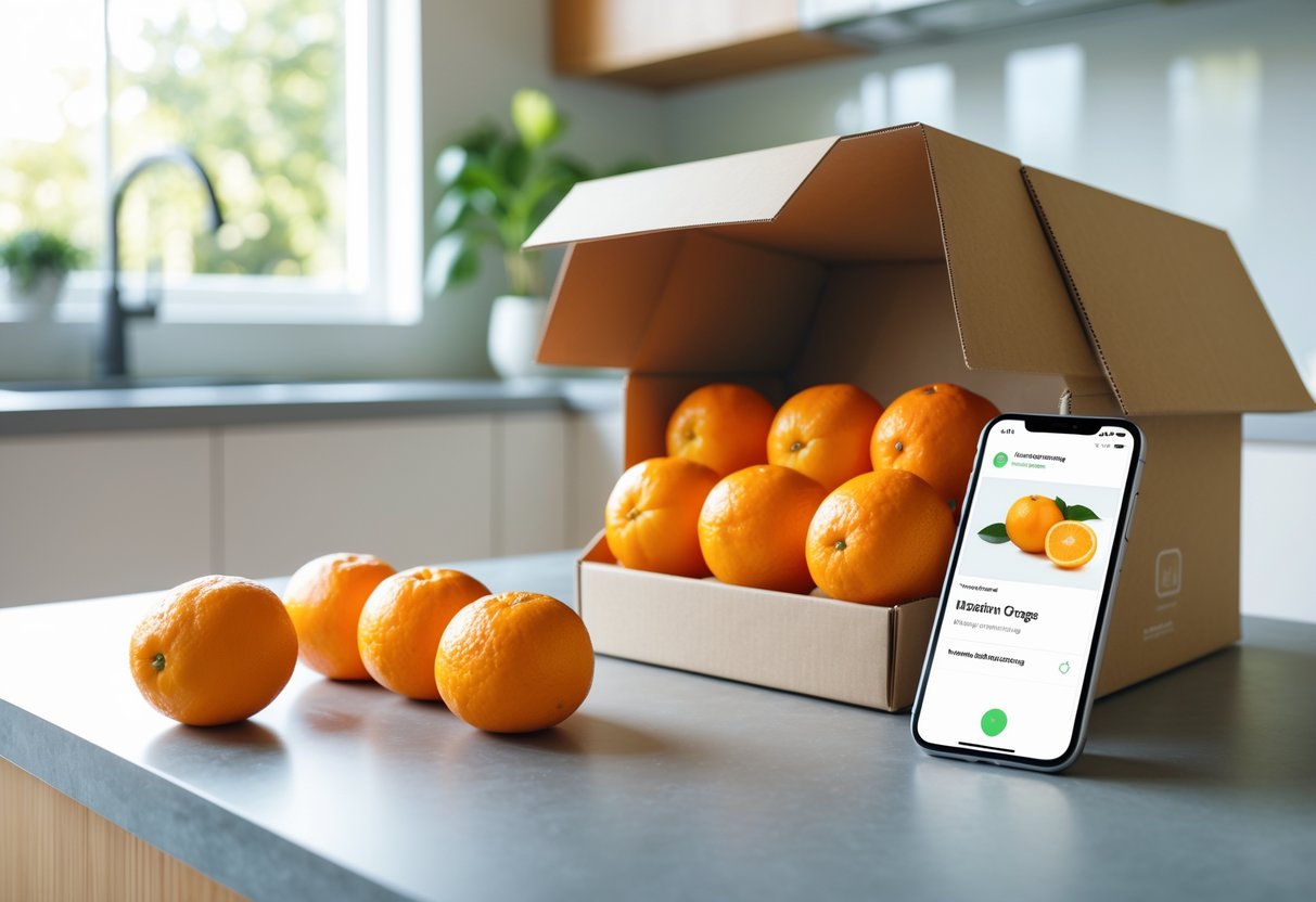 A delivery box with fresh mandarin oranges on a kitchen table next to a smartphone showing an online delivery app.