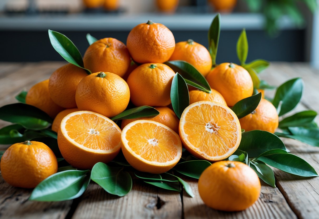 A variety of fresh mandarin oranges, some peeled, arranged on a wooden table with green leaves and a blurred kitchen background.