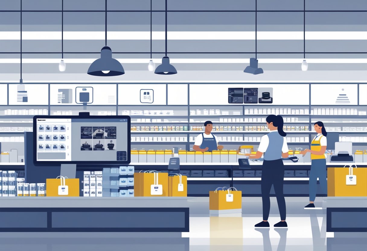 Ambiente de loja de varejo com gerente analisando imagens de câmeras de segurança e funcionário organizando produtos para prevenir perdas.