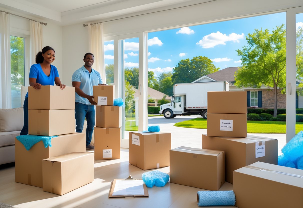 A person packing moving boxes in a bright living room with a moving truck outside a suburban house.