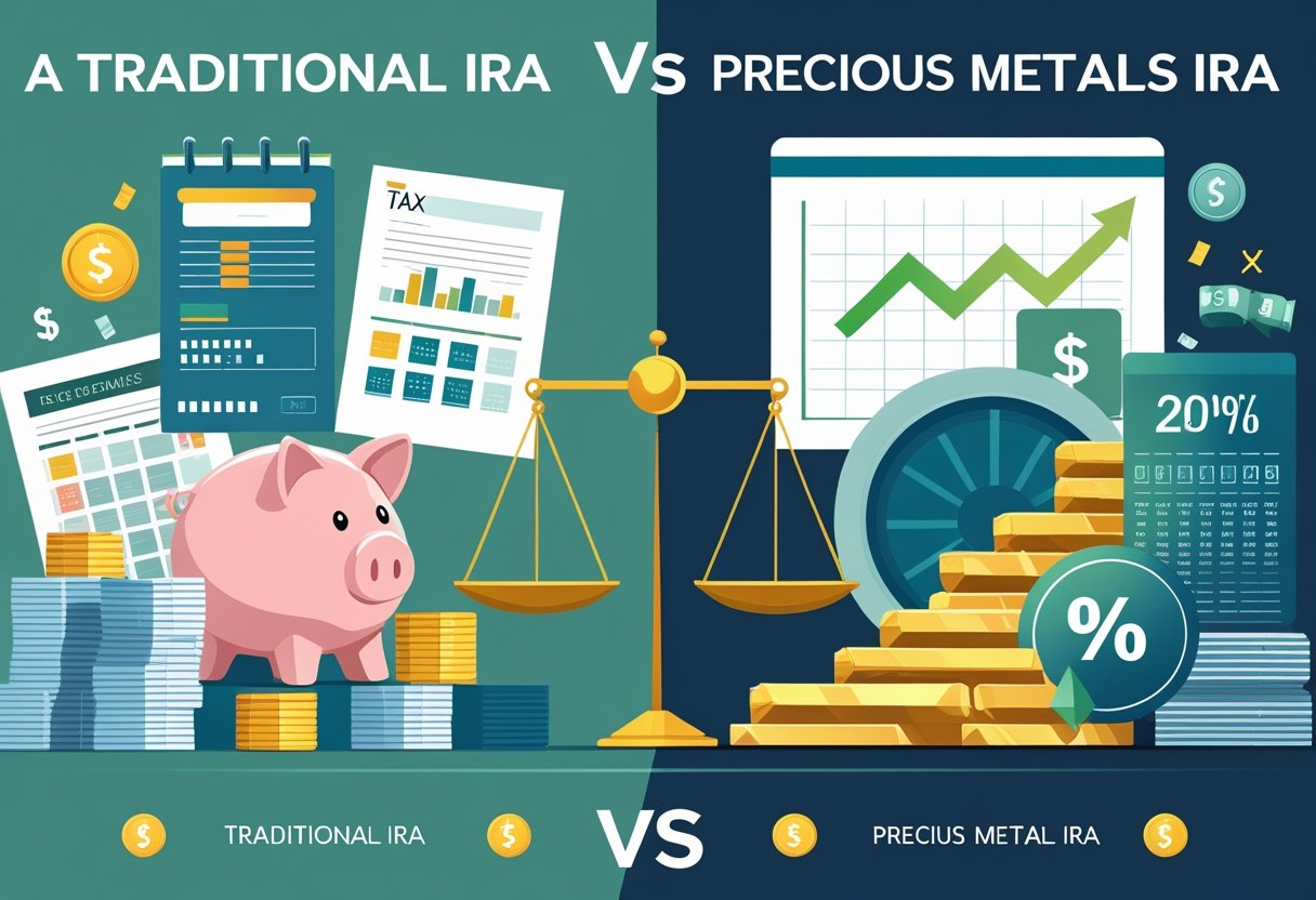 An illustration comparing tax incentives of Traditional IRA with money and tax symbols on one side, and Precious Metals IRA with gold bars and coins on the other, connected by a balanced scale.