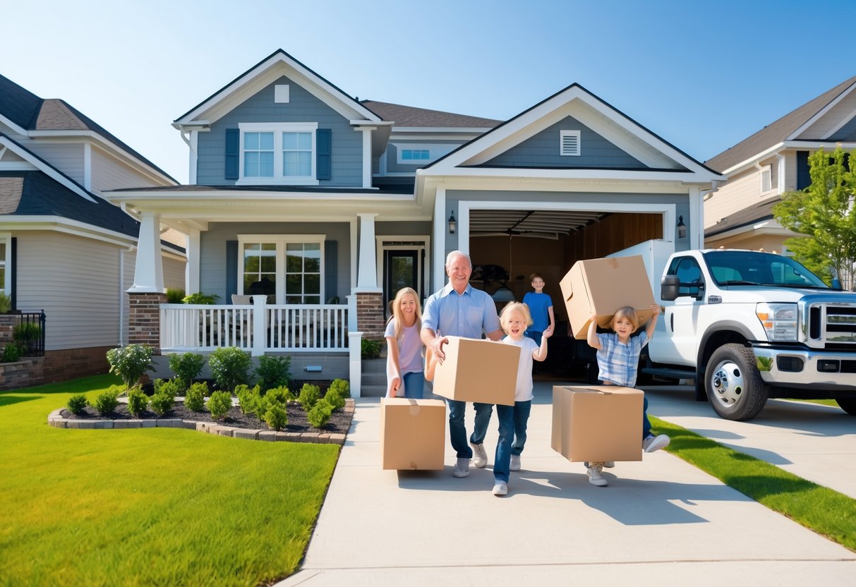 A family unloading boxes from a moving truck in front of their new suburban home with a green lawn and clear sky.