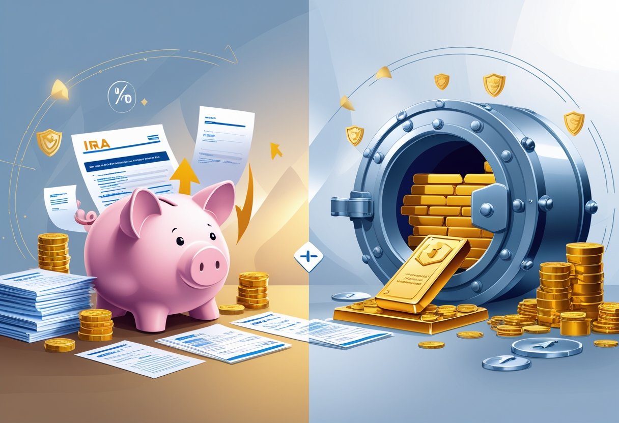 Side-by-side illustration showing a traditional IRA with a piggy bank and tax documents, and a precious metals IRA with a vault containing gold bars and silver coins, highlighting tax benefits.