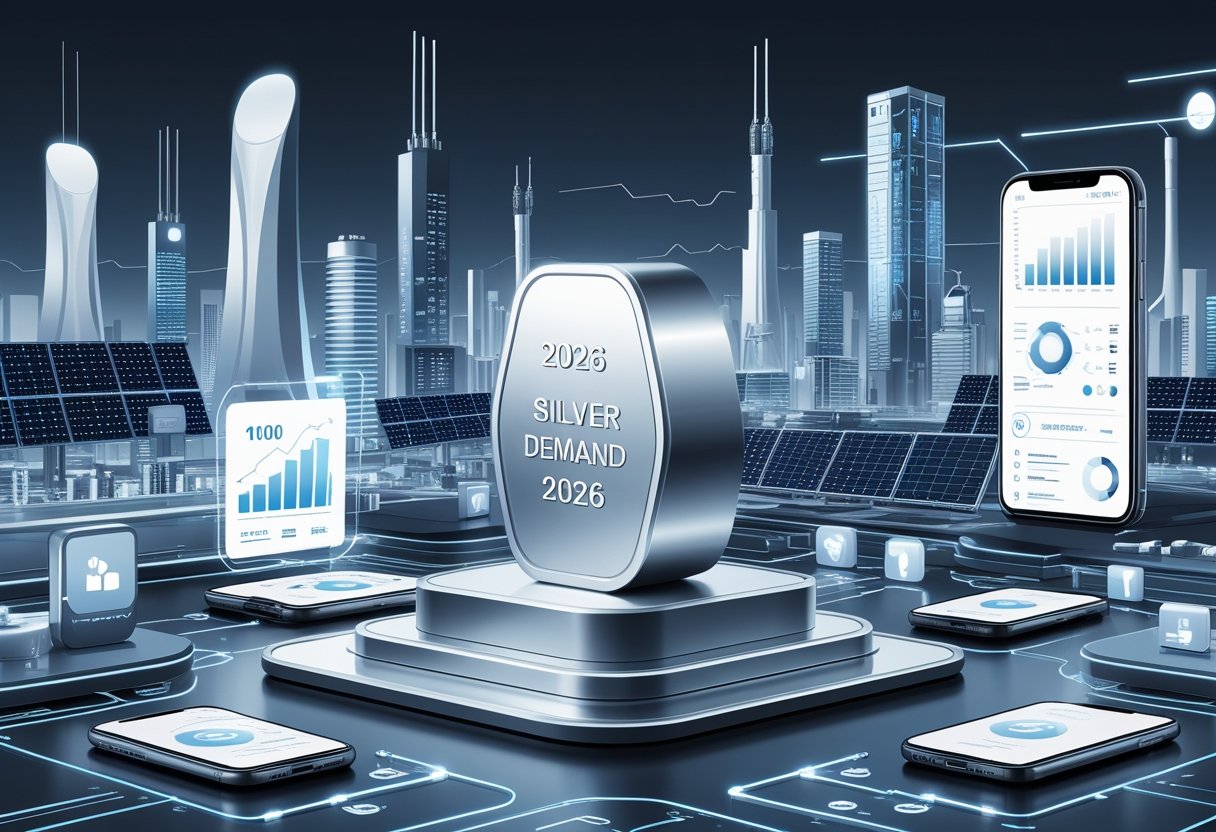 A futuristic city with advanced technology and silver components, including a large silver ingot surrounded by digital data displays and modern devices that use silver.