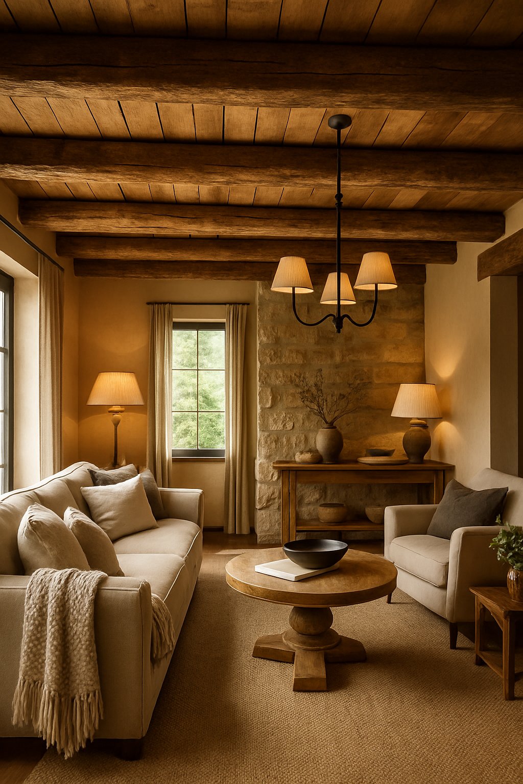 Rustic Cabin Decor for Home Decor Ideas for Cozy and Luxury Styles: 7 Inspiring Ways to Elevate Your Space 1 Interior of a room with exposed wooden ceiling beams, comfortable seating, soft textiles, and natural light coming through large windows.