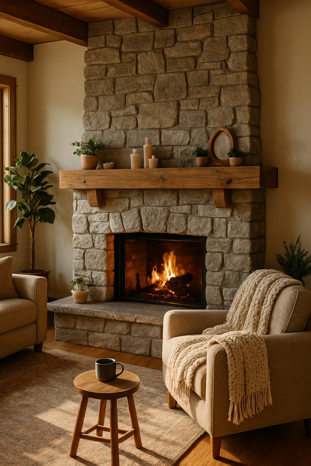 Rustic Cabin Decor for Home Decor Ideas for Cozy and Luxury Styles: 7 Inspiring Ways to Elevate Your Space 2 A living room with a stone fireplace and a wooden mantel decorated with plants and candles, featuring comfortable seating and natural light.