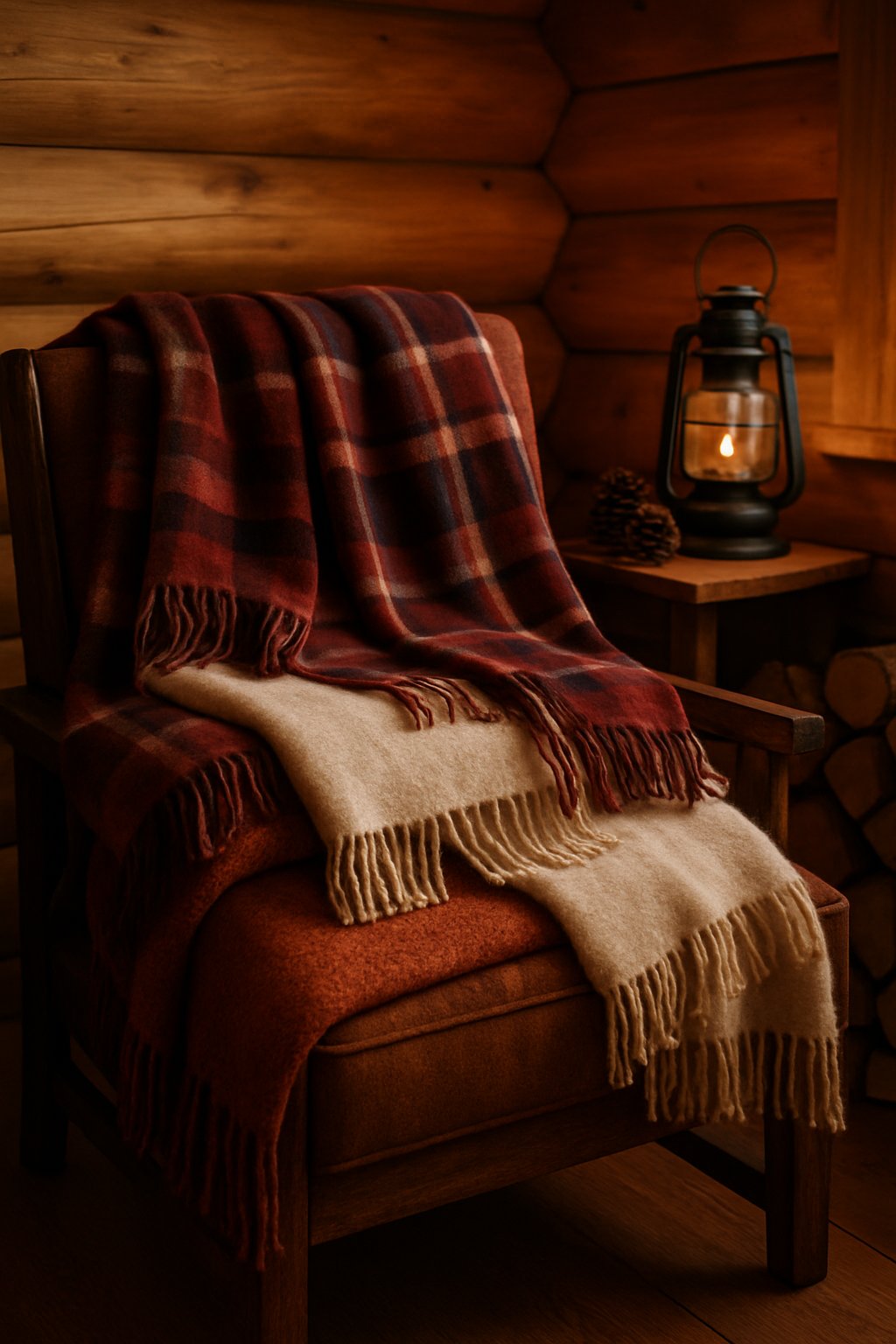 Rustic Cabin Decor for Home Decor Ideas for Cozy and Luxury Styles: 7 Inspiring Ways to Elevate Your Space 3 A wooden chair with layered plaid and wool blankets in warm colors inside a rustic cabin room.