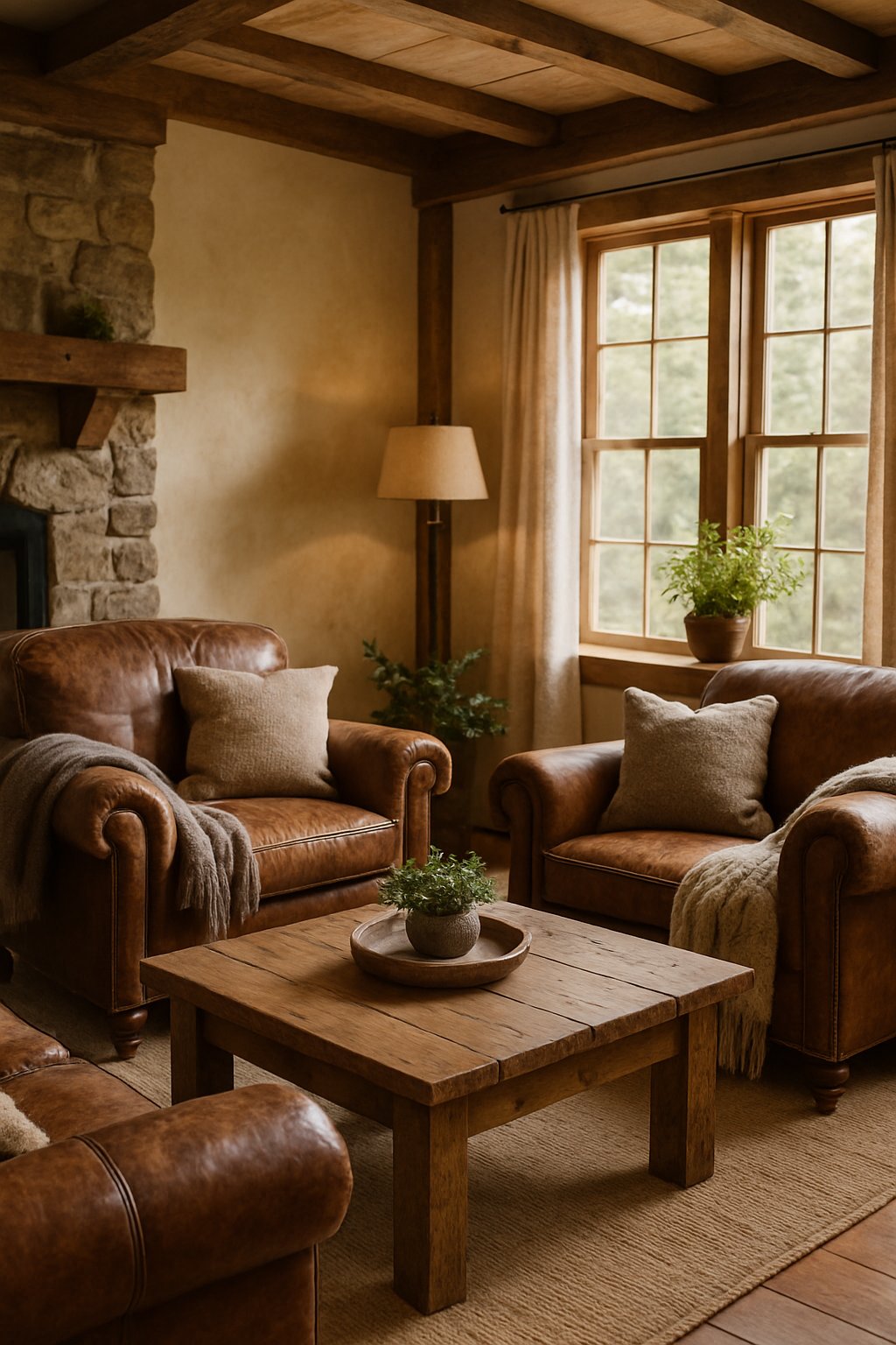 Rustic Cabin Decor for Home Decor Ideas for Cozy and Luxury Styles: 7 Inspiring Ways to Elevate Your Space 4 A living room with vintage leather armchairs around a wooden coffee table, with wooden beams and stone accents visible.