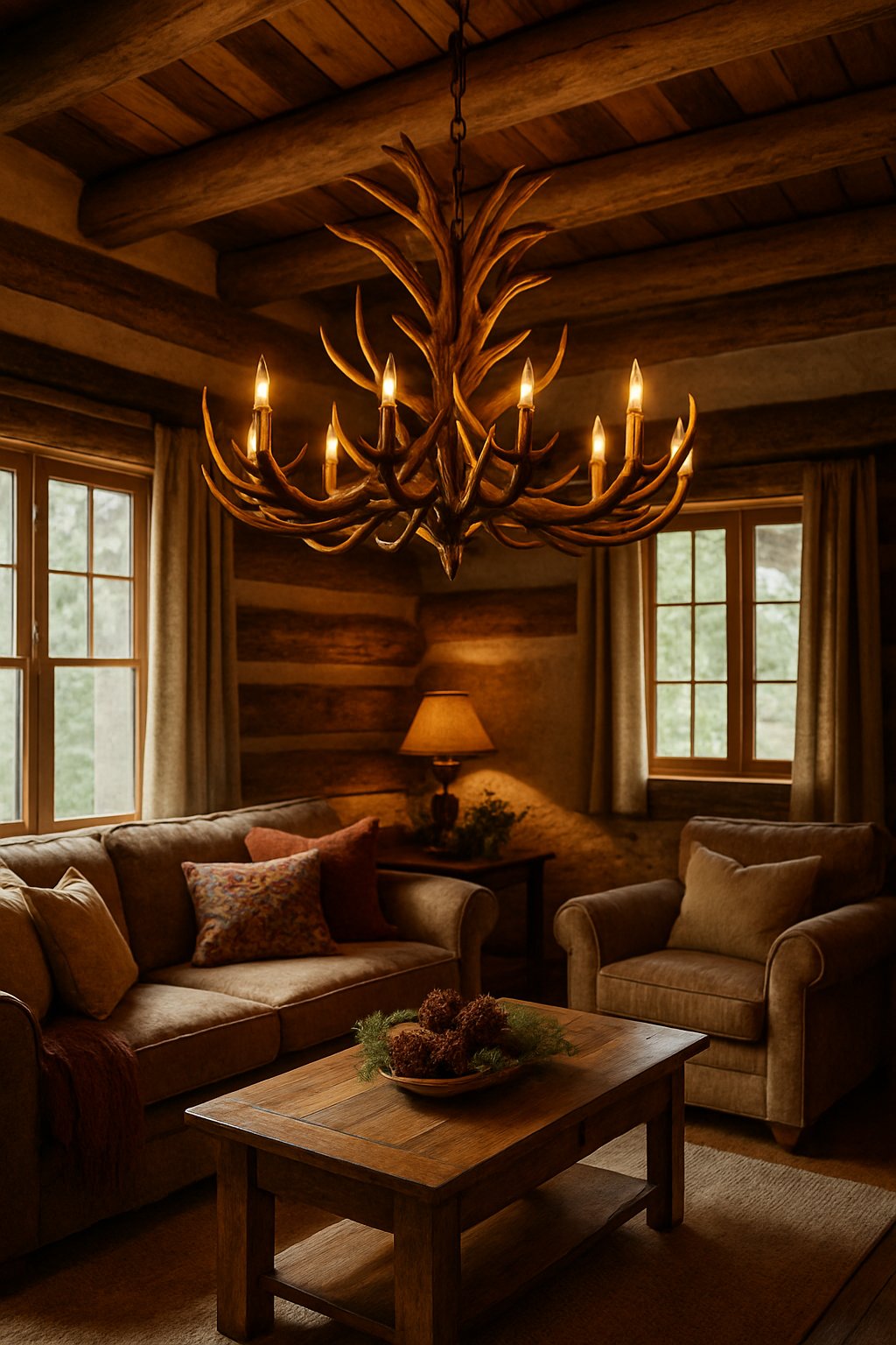 Rustic Cabin Decor for Home Decor Ideas for Cozy and Luxury Styles: 7 Inspiring Ways to Elevate Your Space 5 Interior of a cabin room with a large antler chandelier hanging from the wooden ceiling above a cozy seating area.