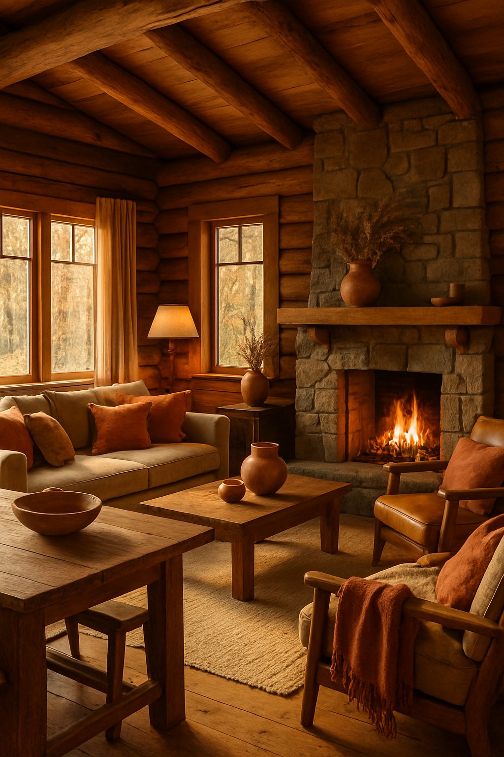 Rustic Cabin Decor for Home Decor Ideas for Cozy and Luxury Styles: 7 Inspiring Ways to Elevate Your Space 7 Interior of a cabin living room with wooden walls, a stone fireplace, comfortable furniture, and large windows showing a forest outside.