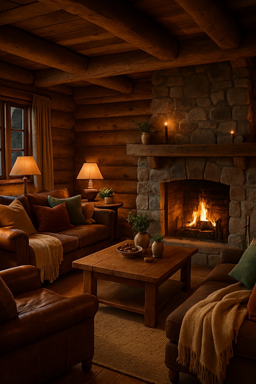Rustic Cabin Decor for Home Decor Ideas for Cozy and Luxury Styles: 7 Inspiring Ways to Elevate Your Space 9 Interior of a cozy cabin room with wooden walls, a stone fireplace, comfortable seating, and warm lighting.