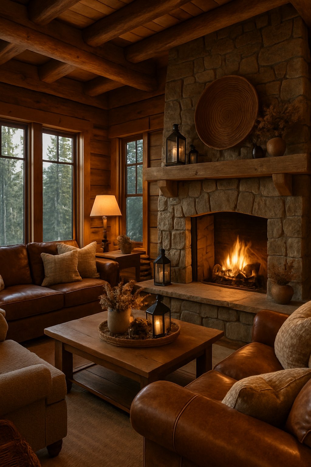 Rustic Cabin Decor for Home Decor Ideas for Cozy and Luxury Styles: 7 Inspiring Ways to Elevate Your Space 10 A warm living room with wooden walls, a stone fireplace, and comfortable furniture arranged around a wooden coffee table.