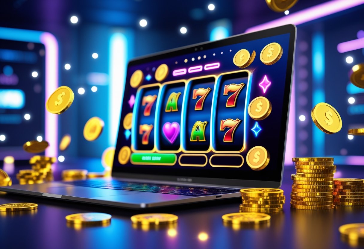 A modern laptop displaying a colorful digital slot machine with spinning reels, surrounded by floating gold coins and poker chips in a bright gaming environment.