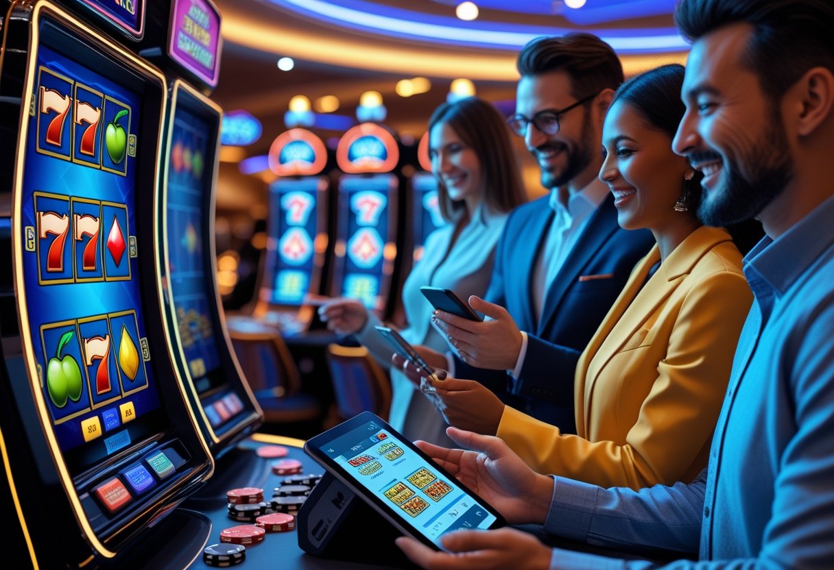 A group of adults enjoying digital slot machines and casino games on smartphones and tablets in a modern casino setting.
