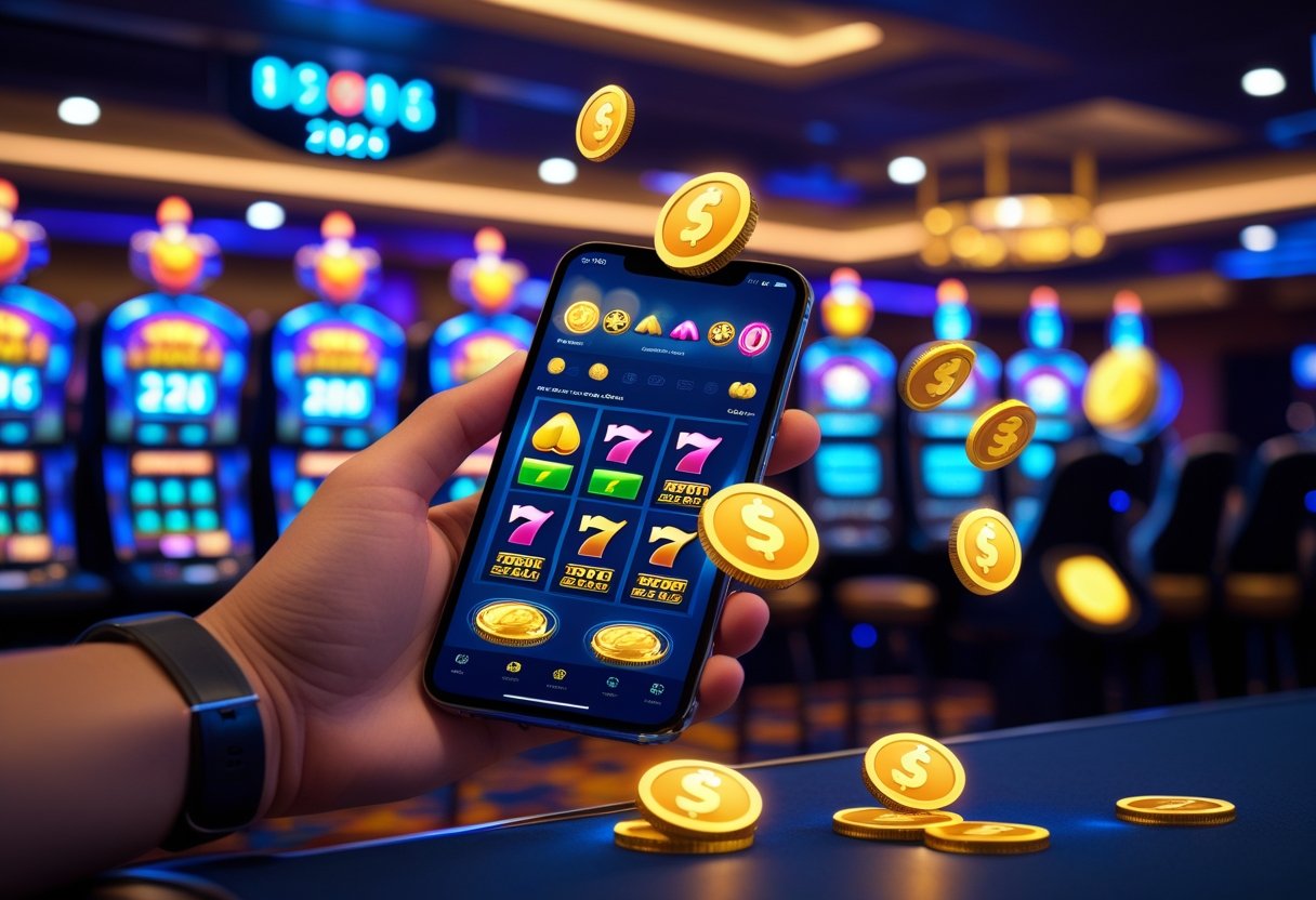 A person holding a smartphone showing spinning slot reels and floating bonus icons in a modern casino setting with bright lights.