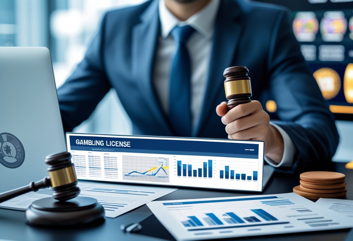 A businessperson in formal attire working at a desk with a laptop, legal documents, and a gavel, symbolizing gambling licensing.