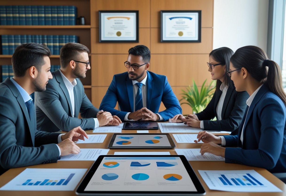 Business professionals in a meeting room discussing documents and laptops related to gambling licenses.