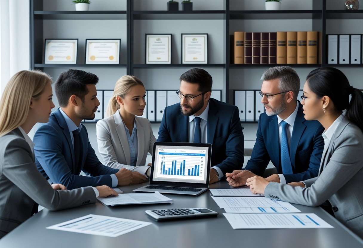 Business professionals discussing documents and laptops in an office setting related to gambling license requirements.